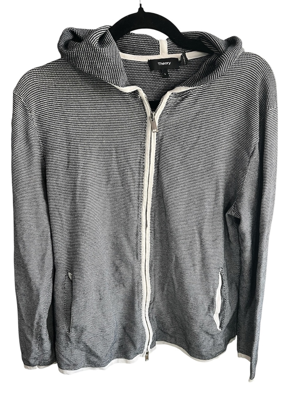 Theory Black and White Striped Zip Up Sweater Hoodie Size Large
